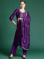 Indo Era Purple Embroidered Straight Kurta Trousers With Dupatta set | Grocsy