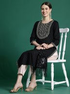 Indo Era Black Embroidered Straight Kurta | Grocsy