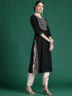Indo Era Black Embroidered Straight Kurta | Grocsy