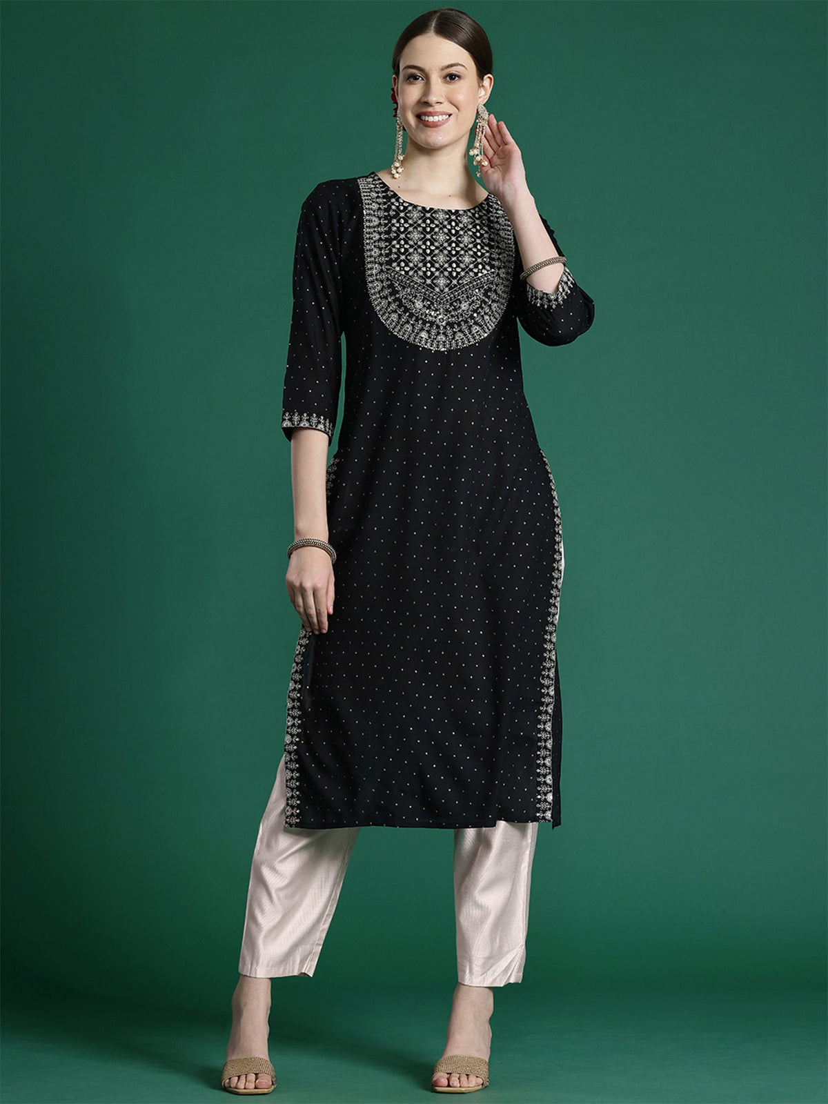 Indo Era Black Embroidered Straight Kurta | Grocsy