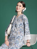 Indo Era Blue Printed Straight Kurta Trousers set | Grocsy