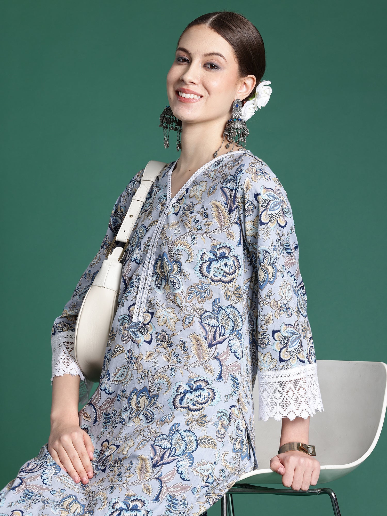 Indo Era Blue Printed Straight Kurta Trousers set | Grocsy
