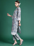 Indo Era Blue Printed Straight Kurta Trousers set | Grocsy