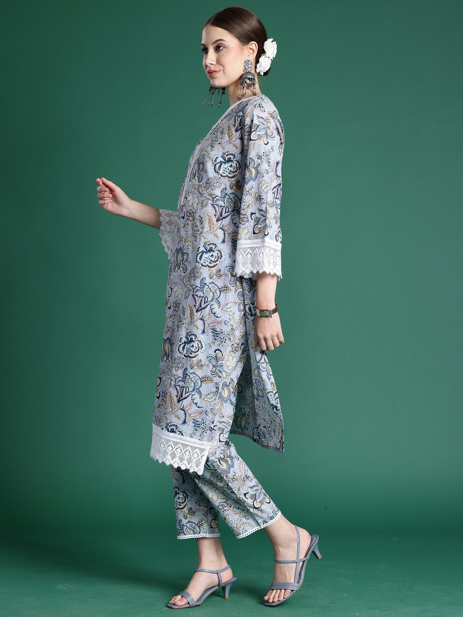 Indo Era Blue Printed Straight Kurta Trousers set | Grocsy