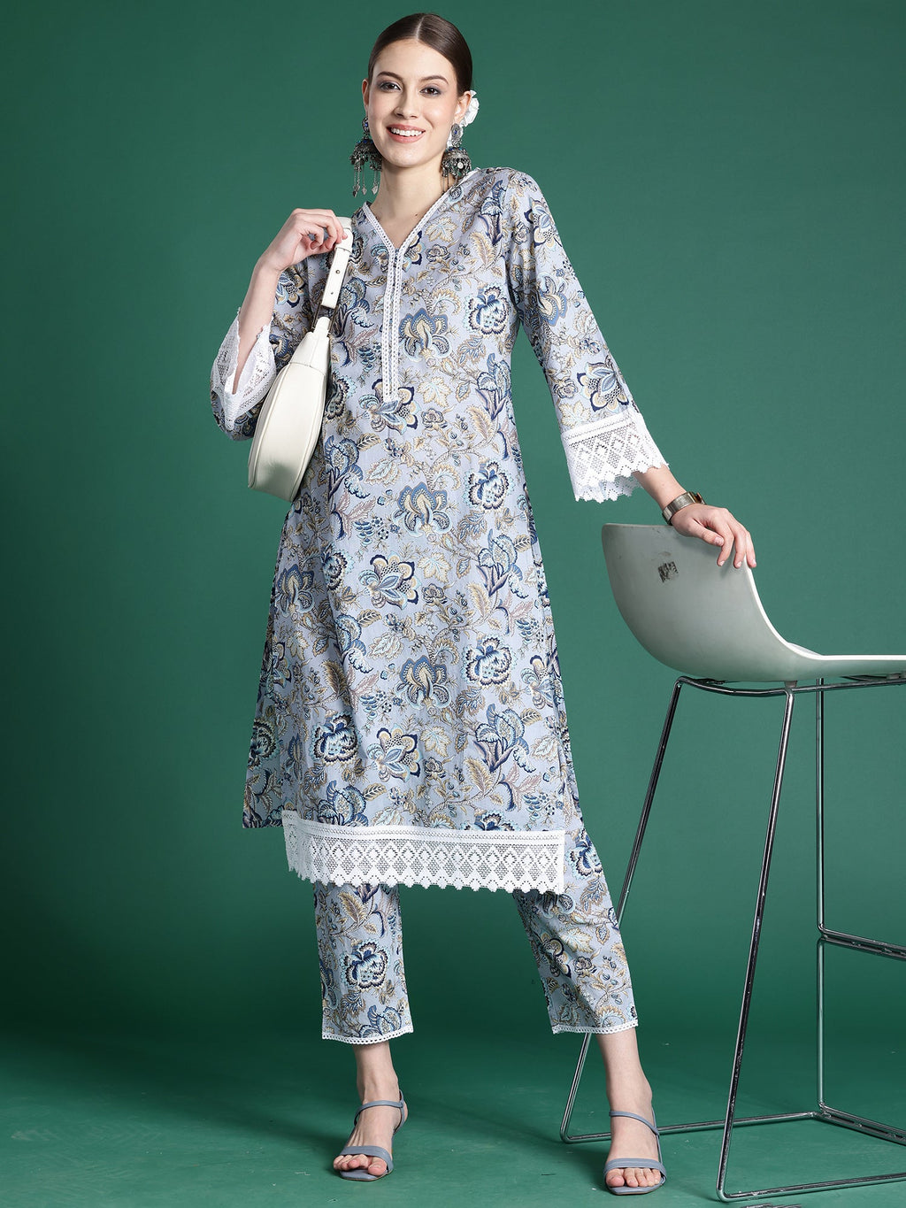 Indo Era Blue Printed Straight Kurta Trousers set | Grocsy