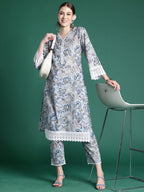 Indo Era Blue Printed Straight Kurta Trousers set | Grocsy