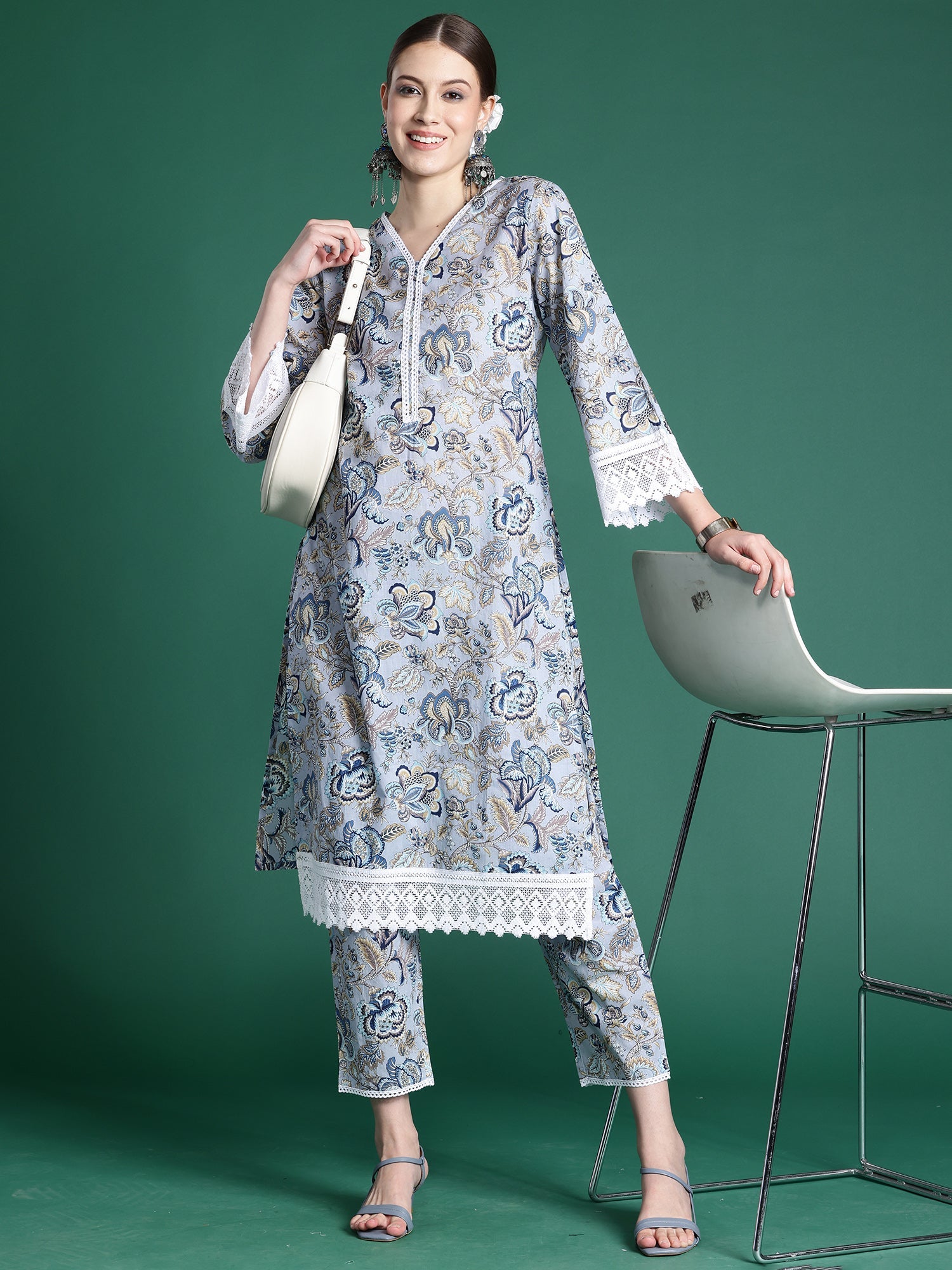 Indo Era Blue Printed Straight Kurta Trousers set | Grocsy