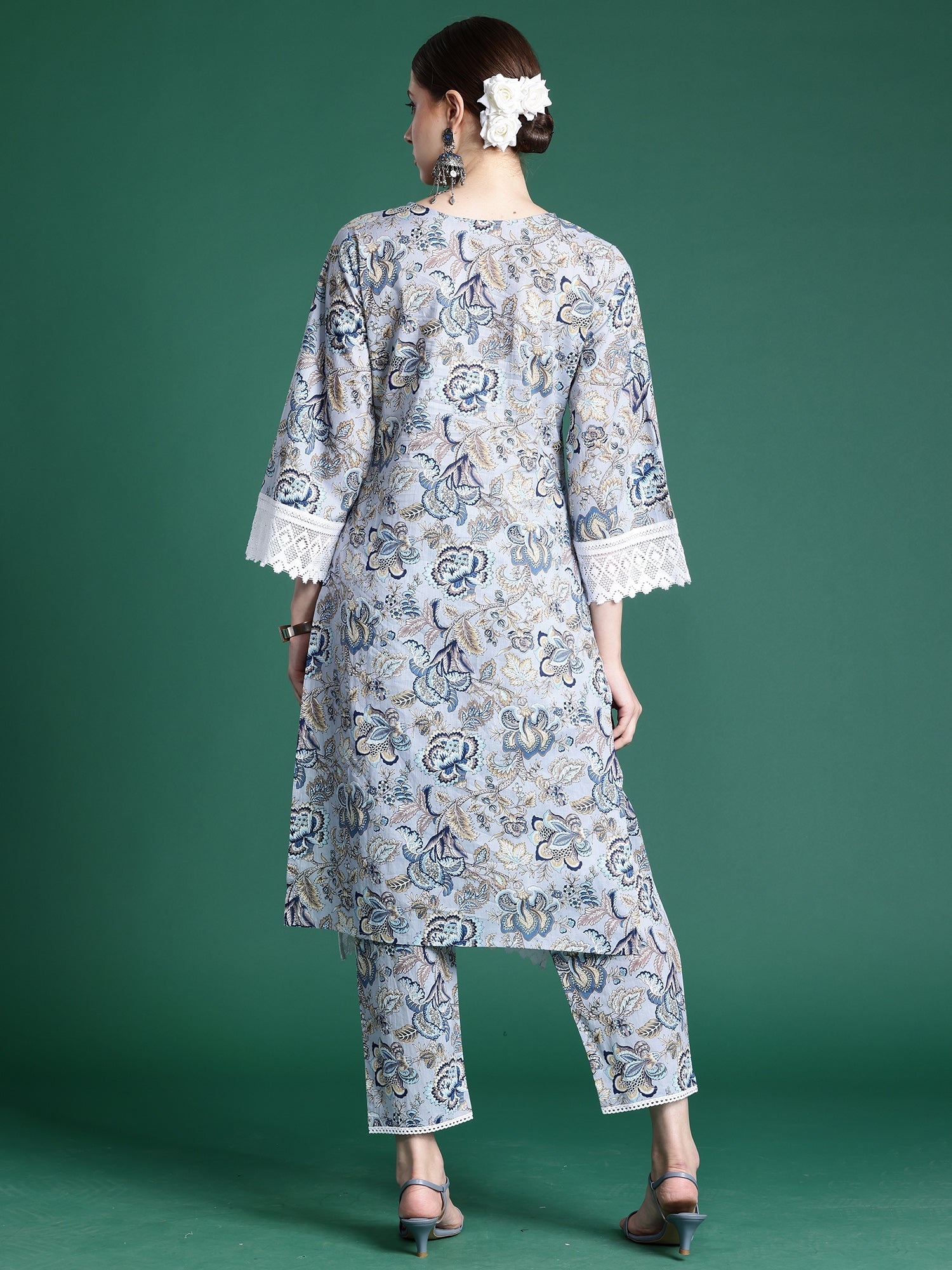 Indo Era Blue Printed Straight Kurta Trousers set | Grocsy