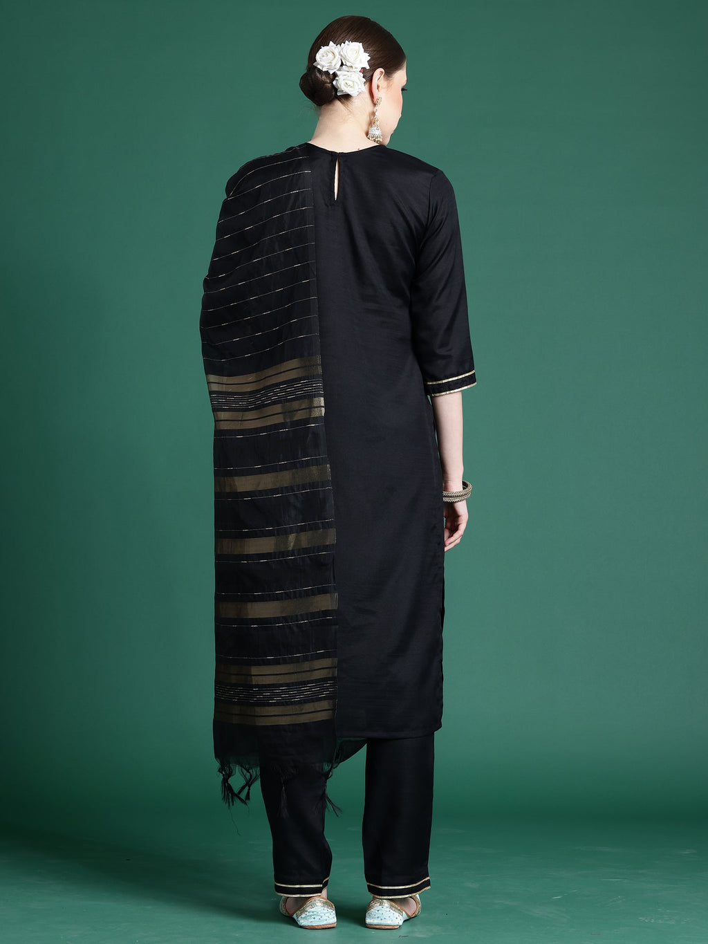 Indo Era Black Self Design Straight Kurta Trousers With Dupatta set | Grocsy