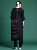 Indo Era Black Self Design Straight Kurta Trousers With Dupatta set | Grocsy