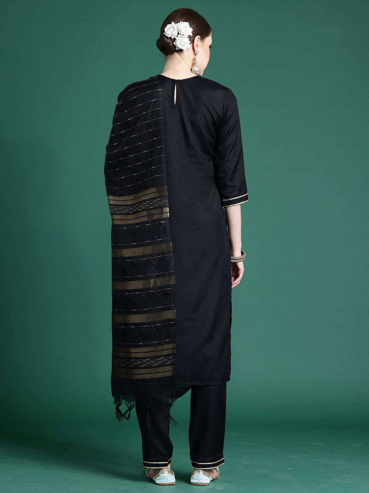 Indo Era Black Self Design Straight Kurta Trousers With Dupatta set | Grocsy