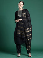 Indo Era Black Self Design Straight Kurta Trousers With Dupatta set | Grocsy