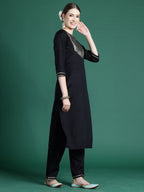 Indo Era Black Self Design Straight Kurta Trousers With Dupatta set | Grocsy
