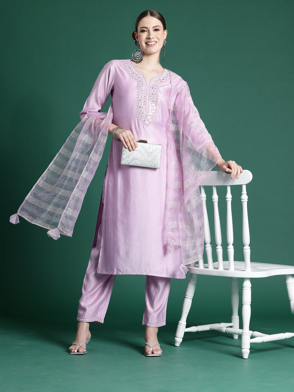 Indo Era Lavender Embroidered Straight Kurta Trousers set | Grocsy