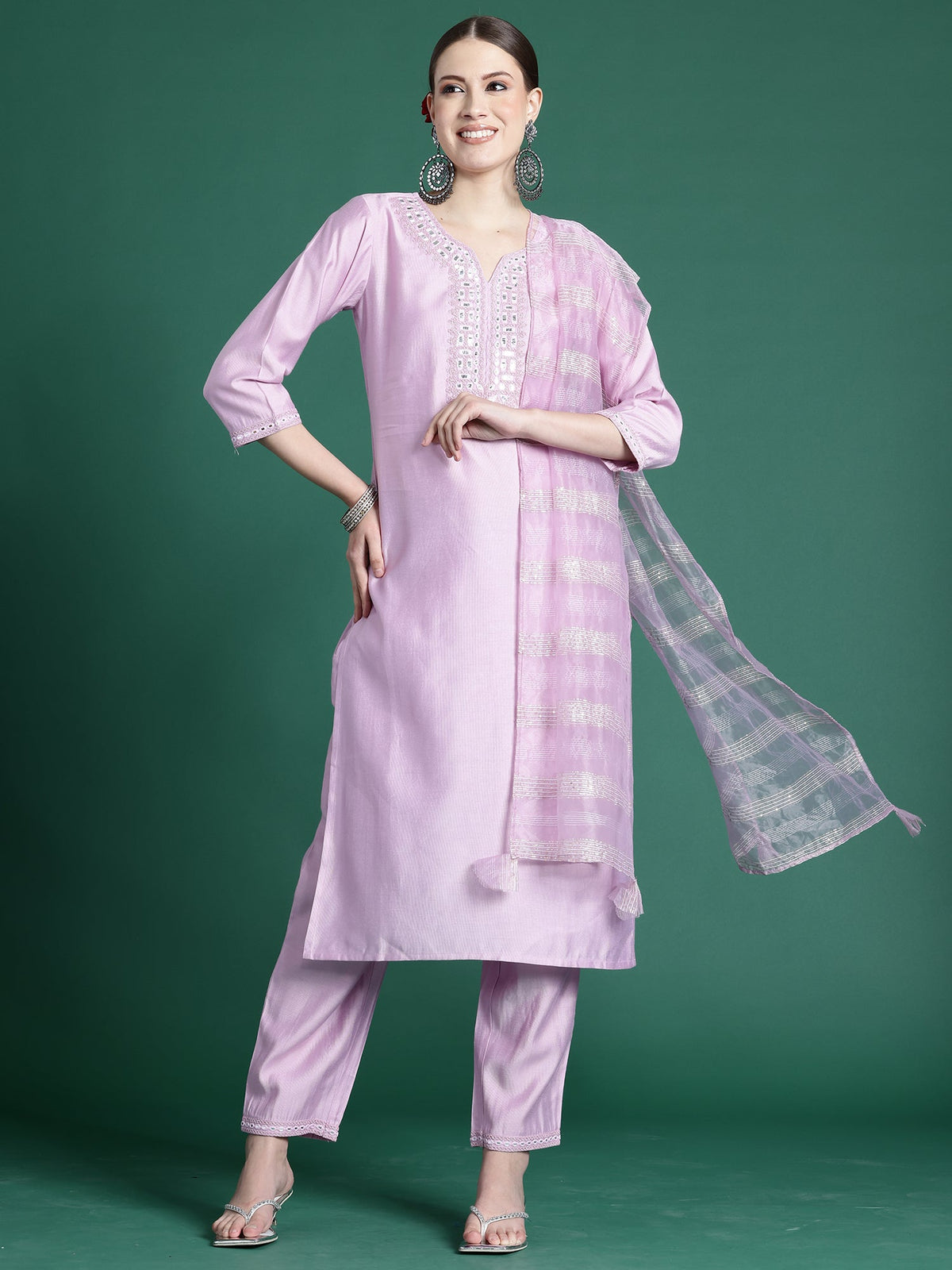 Indo Era Lavender Embroidered Straight Kurta Trousers set | Grocsy