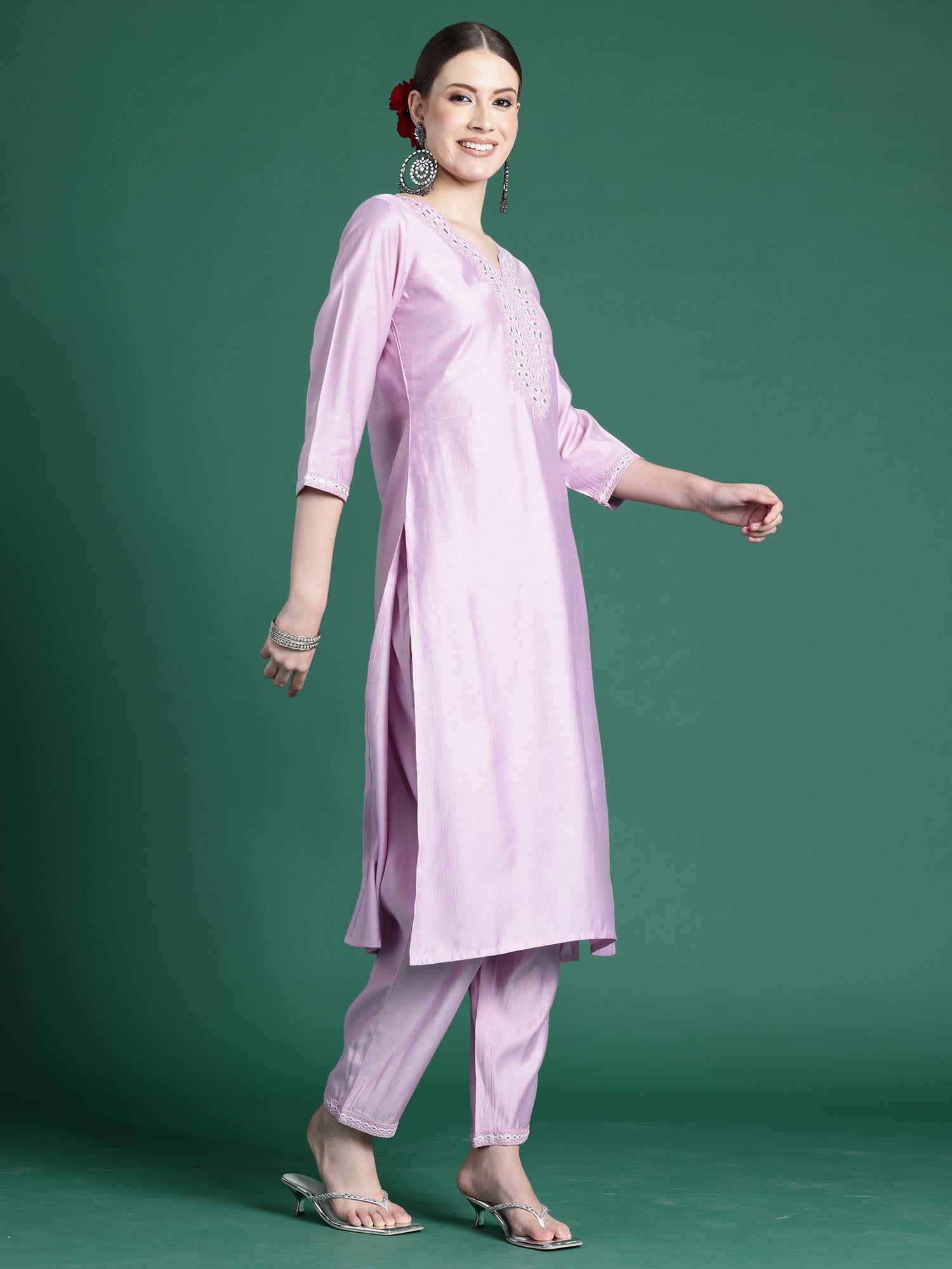 Indo Era Lavender Embroidered Straight Kurta Trousers set | Grocsy