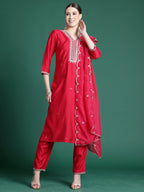 Indo Era Pink Embroidered Straight Kurta Trousers With Dupatta set | Grocsy