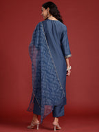 Indo Era Grey Embroidered Straight Kurta Trousers With Dupatta set | Grocsy