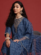 Indo Era Grey Embroidered Straight Kurta Trousers With Dupatta set | Grocsy