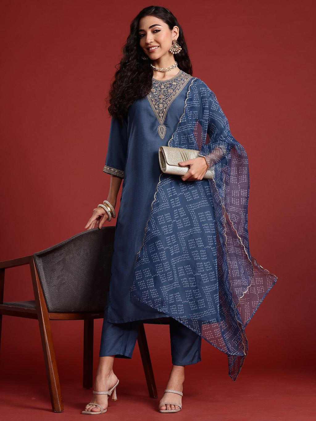 Indo Era Grey Embroidered Straight Kurta Trousers With Dupatta set | Grocsy