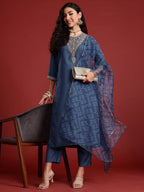 Indo Era Grey Embroidered Straight Kurta Trousers With Dupatta set | Grocsy