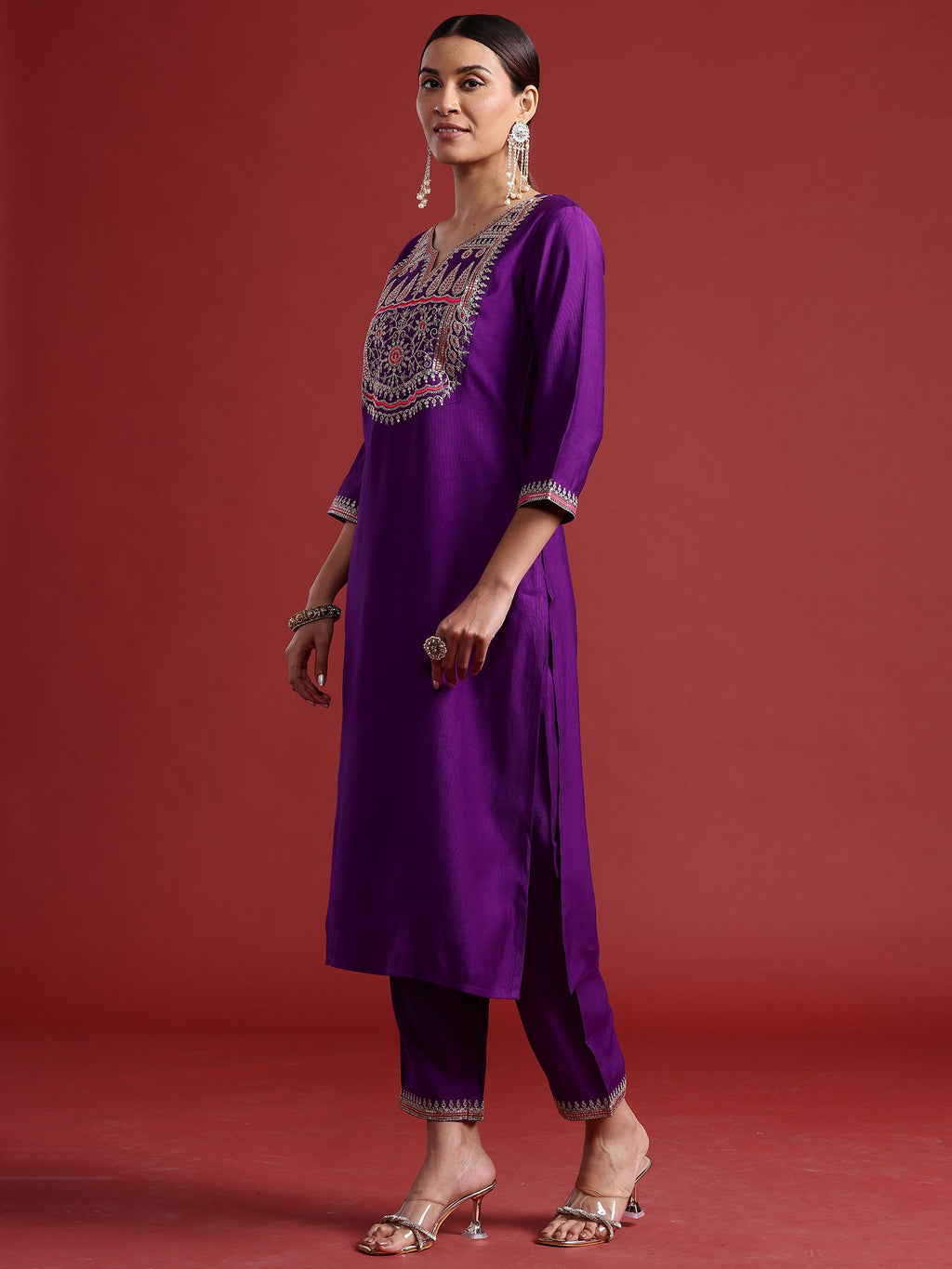 Indo Era Purple Embroidered Straight Kurta Trousers With Dupatta set | Grocsy