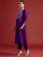 Indo Era Purple Embroidered Straight Kurta Trousers With Dupatta set | Grocsy