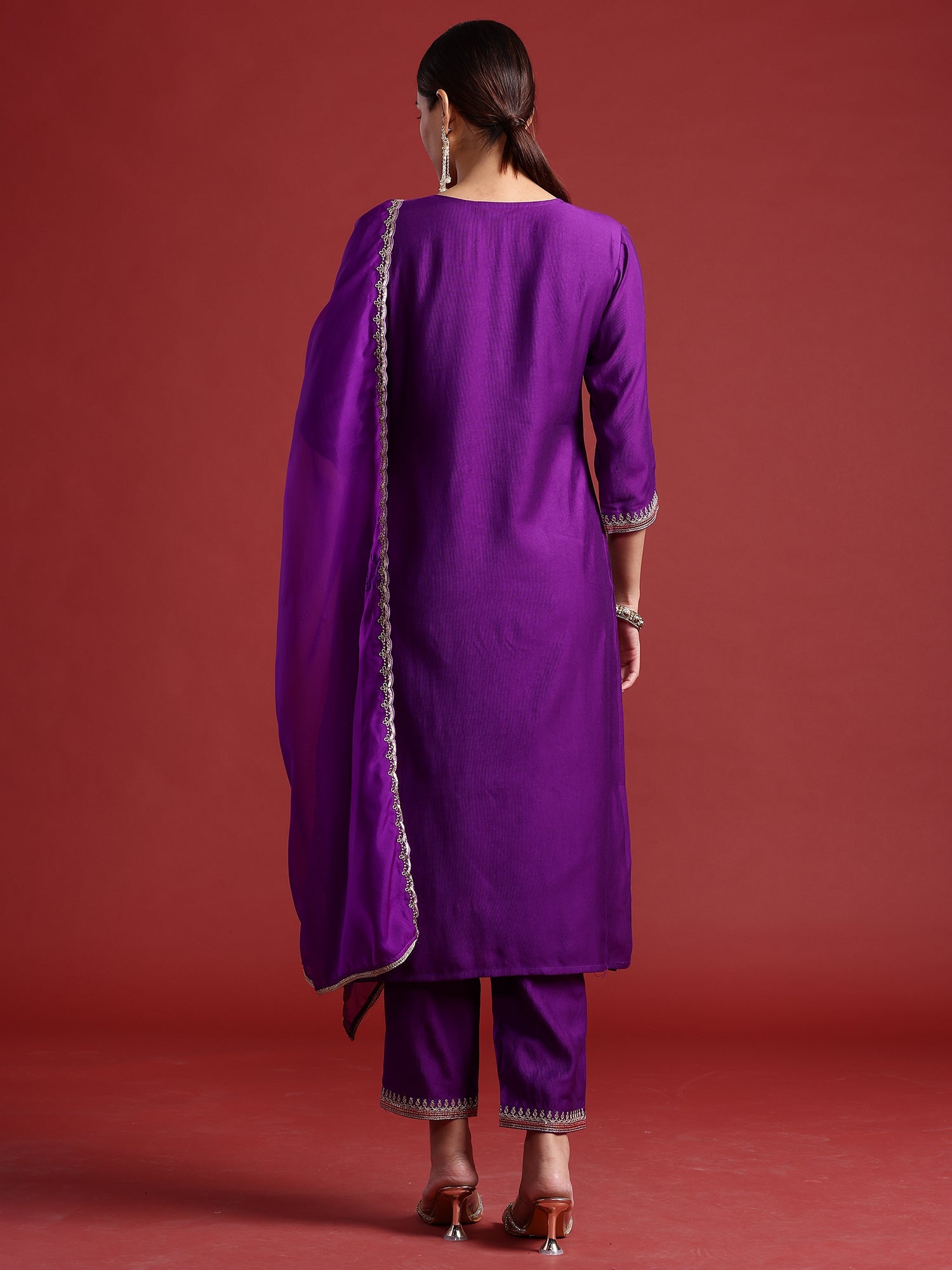 Indo Era Purple Embroidered Straight Kurta Trousers With Dupatta set | Grocsy