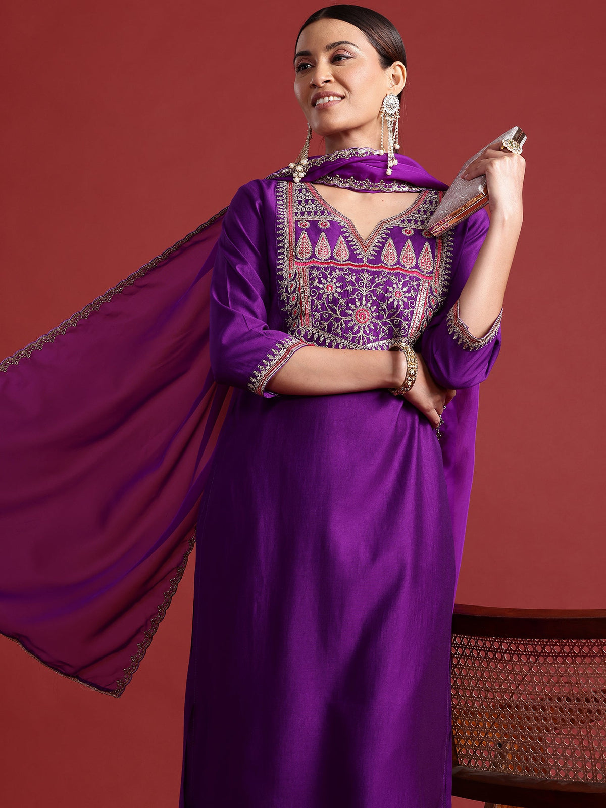 Indo Era Purple Embroidered Straight Kurta Trousers With Dupatta set | Grocsy