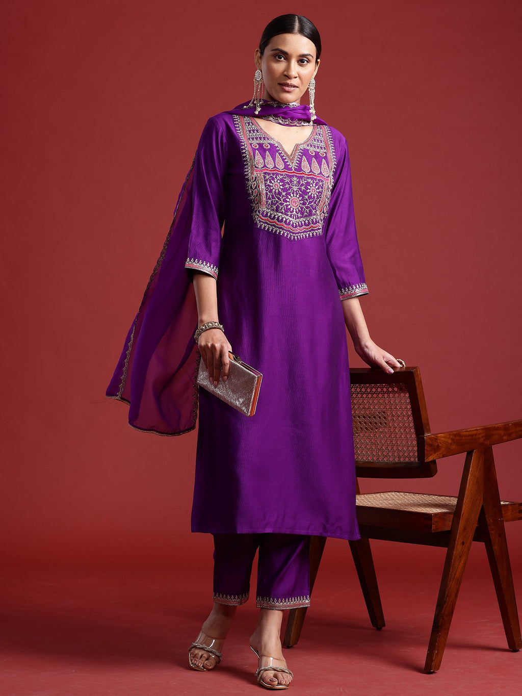 Indo Era Purple Embroidered Straight Kurta Trousers With Dupatta set | Grocsy