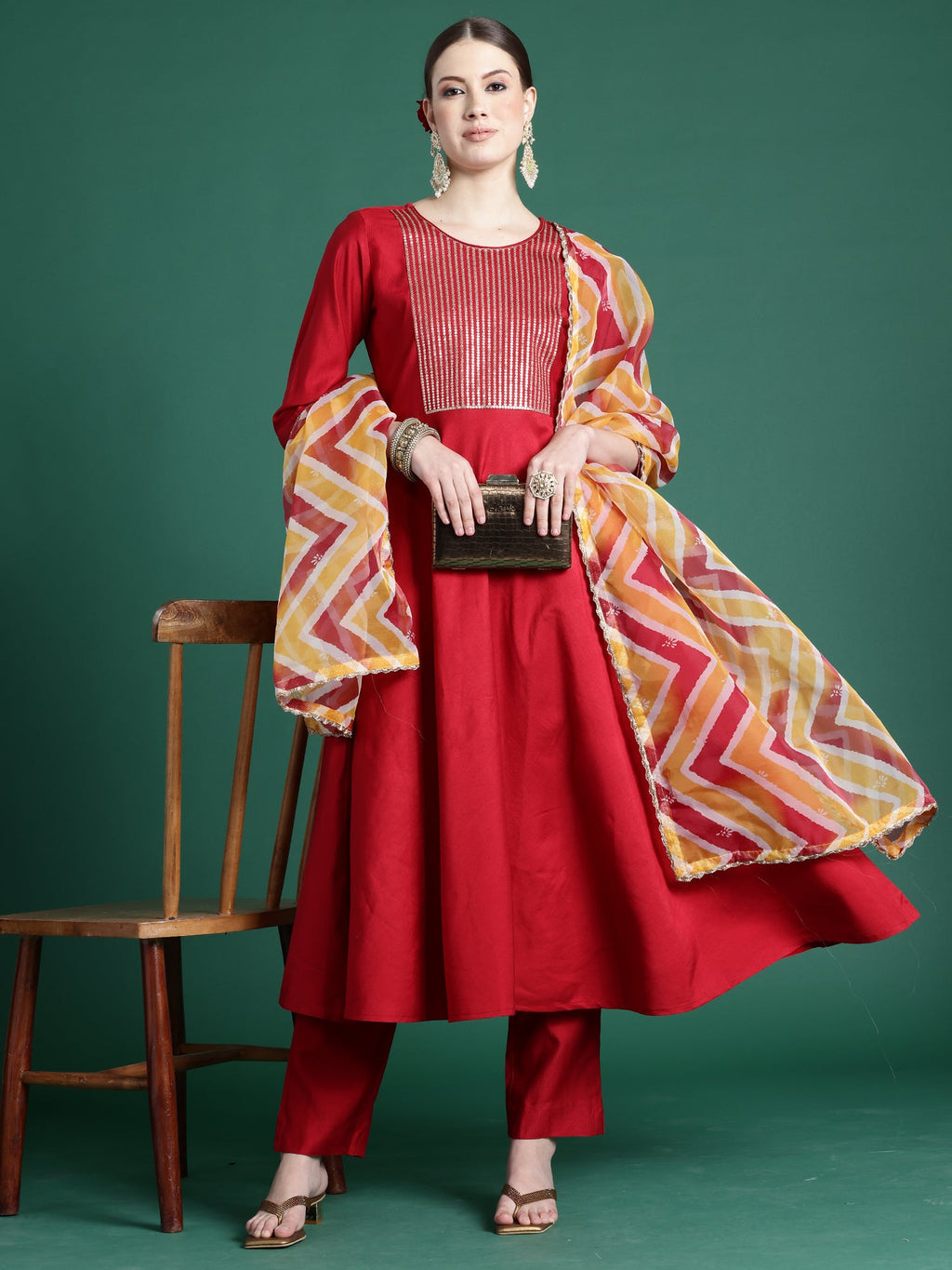 Indo Era Red Embroidered A-Line Kurta Trousers With Dupatta set | Grocsy