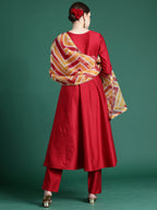 Indo Era Red Embroidered A-Line Kurta Trousers With Dupatta set | Grocsy
