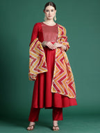 Indo Era Red Embroidered A-Line Kurta Trousers With Dupatta set | Grocsy