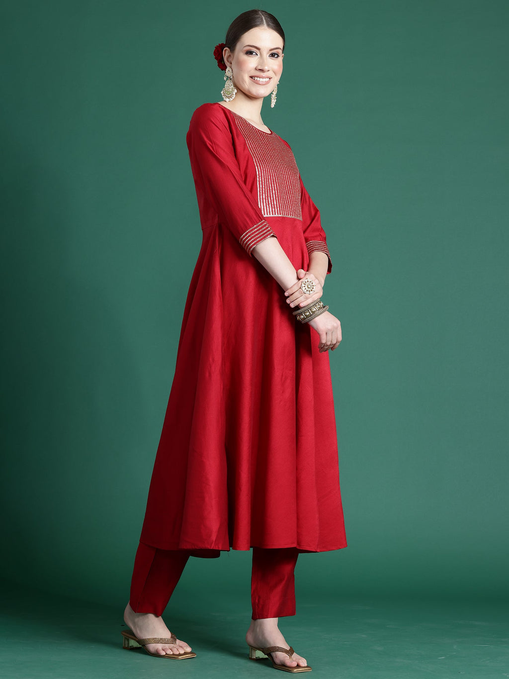 Indo Era Red Embroidered A-Line Kurta Trousers With Dupatta set | Grocsy
