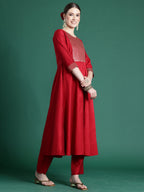 Indo Era Red Embroidered A-Line Kurta Trousers With Dupatta set | Grocsy