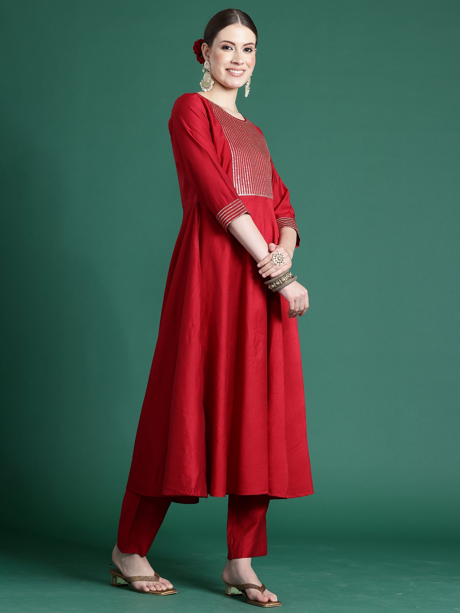 Indo Era Red Embroidered A-Line Kurta Trousers With Dupatta set | Grocsy