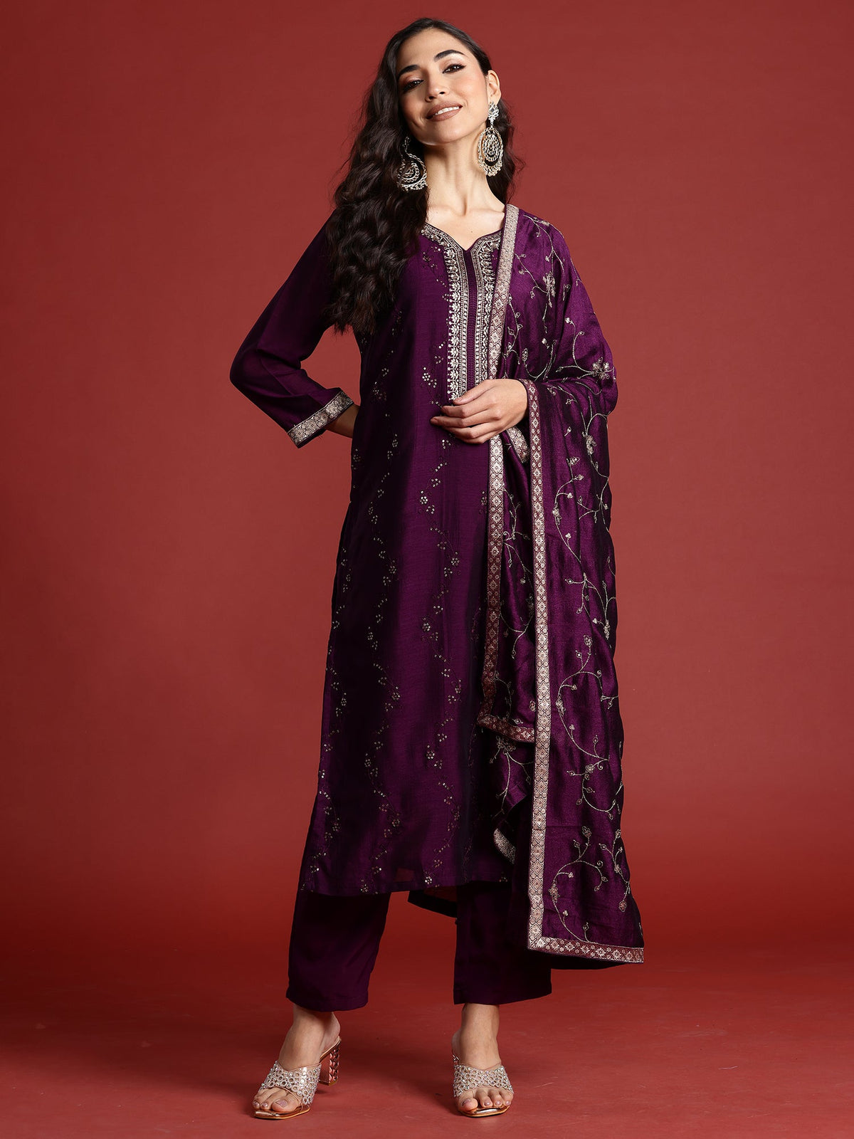 Indo Era Purple Embroidered Straight Kurta Trousers With Dupatta set | Grocsy