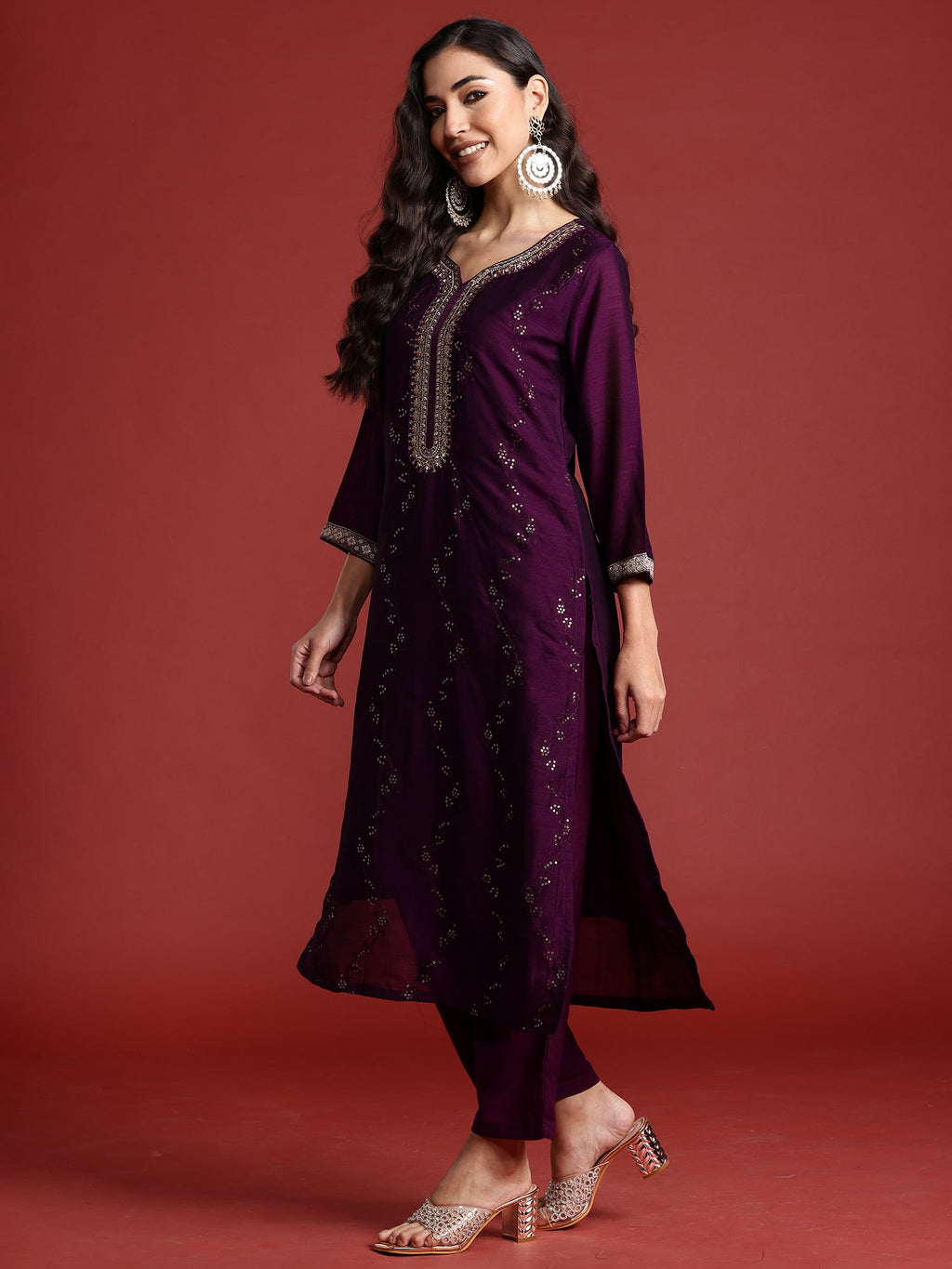 Indo Era Purple Embroidered Straight Kurta Trousers With Dupatta set | Grocsy