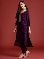 Indo Era Purple Embroidered Straight Kurta Trousers With Dupatta set | Grocsy