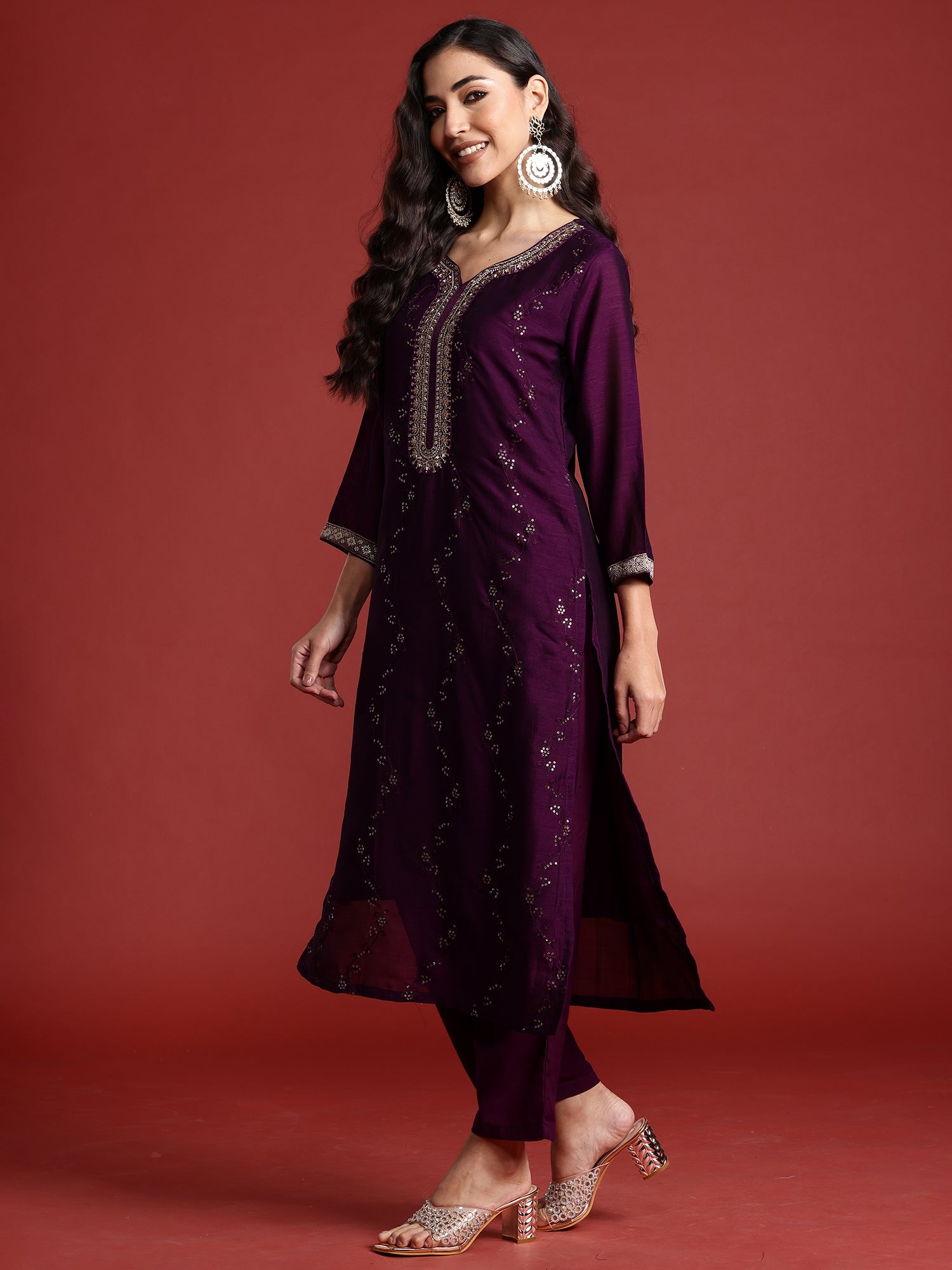 Indo Era Purple Embroidered Straight Kurta Trousers With Dupatta set | Grocsy