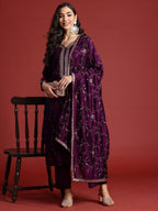 Indo Era Purple Embroidered Straight Kurta Trousers With Dupatta set | Grocsy