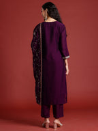 Indo Era Purple Embroidered Straight Kurta Trousers With Dupatta set | Grocsy