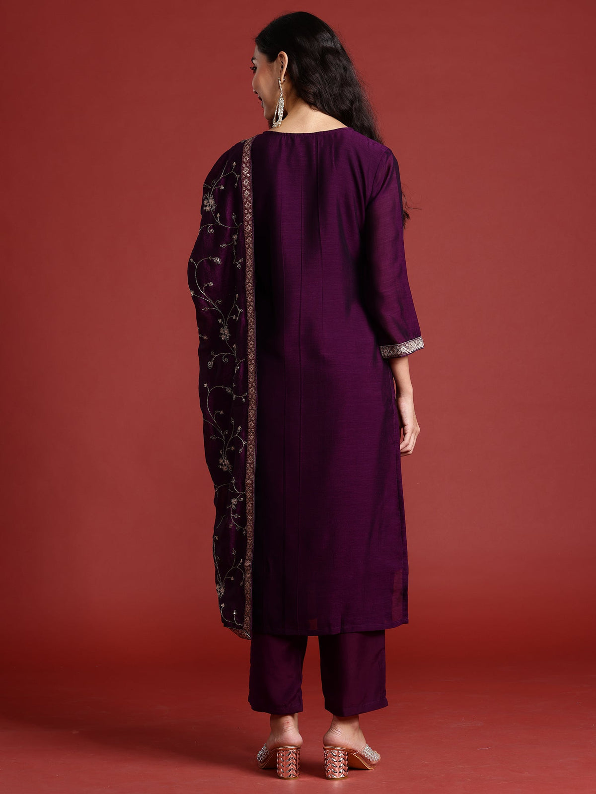 Indo Era Purple Embroidered Straight Kurta Trousers With Dupatta set | Grocsy