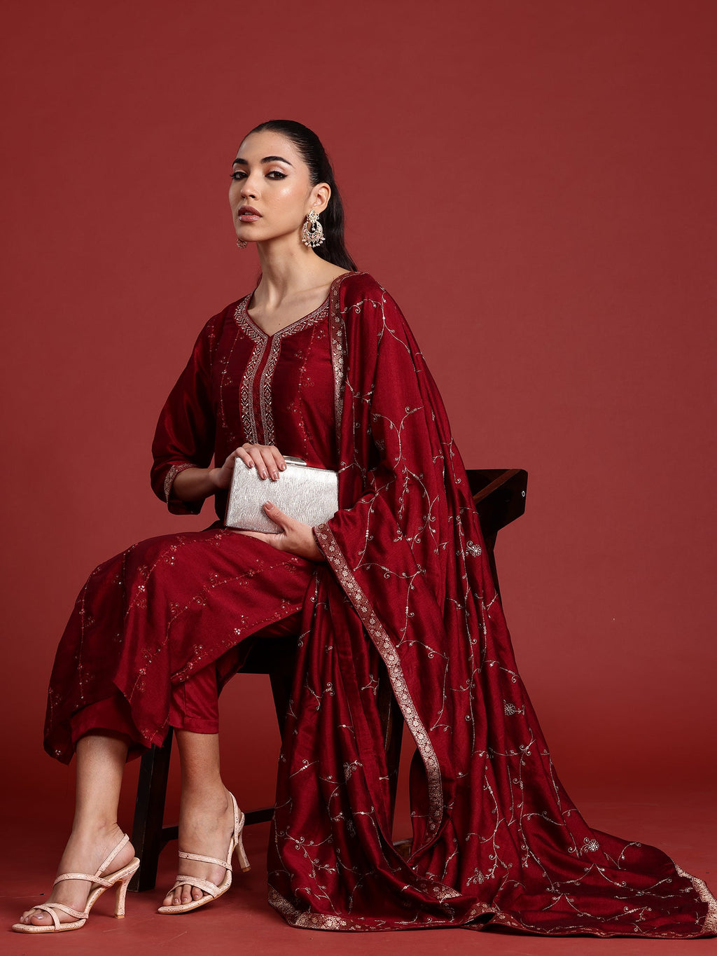 Indo Era Maroon Embroidered Straight Kurta Trousers With Dupatta set | Grocsy