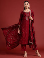 Indo Era Maroon Embroidered Straight Kurta Trousers With Dupatta set | Grocsy