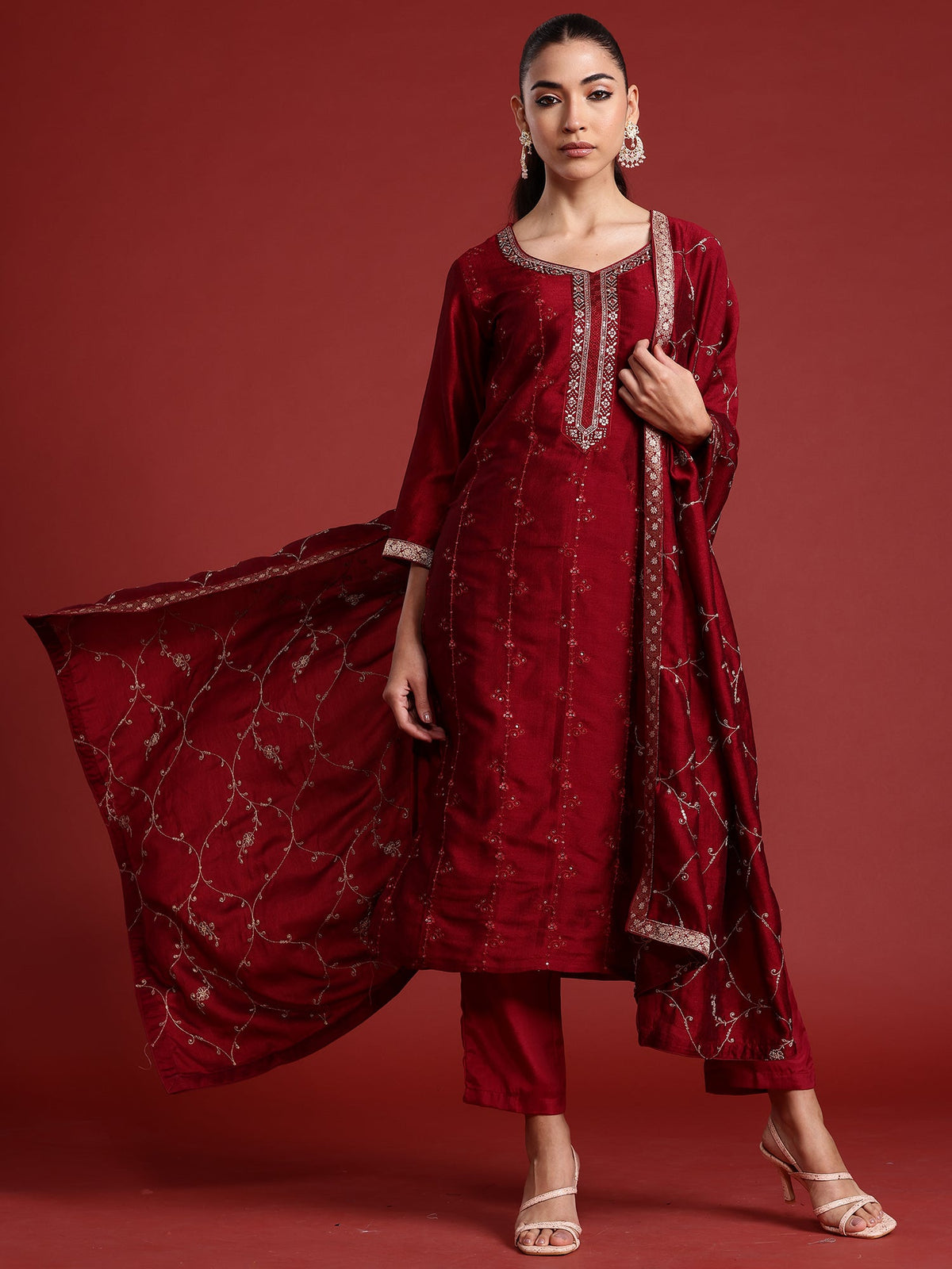 Indo Era Maroon Embroidered Straight Kurta Trousers With Dupatta set | Grocsy