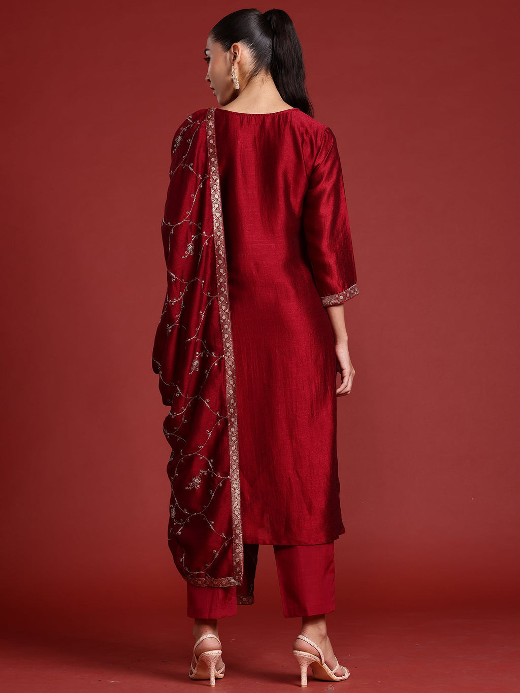 Indo Era Maroon Embroidered Straight Kurta Trousers With Dupatta set | Grocsy