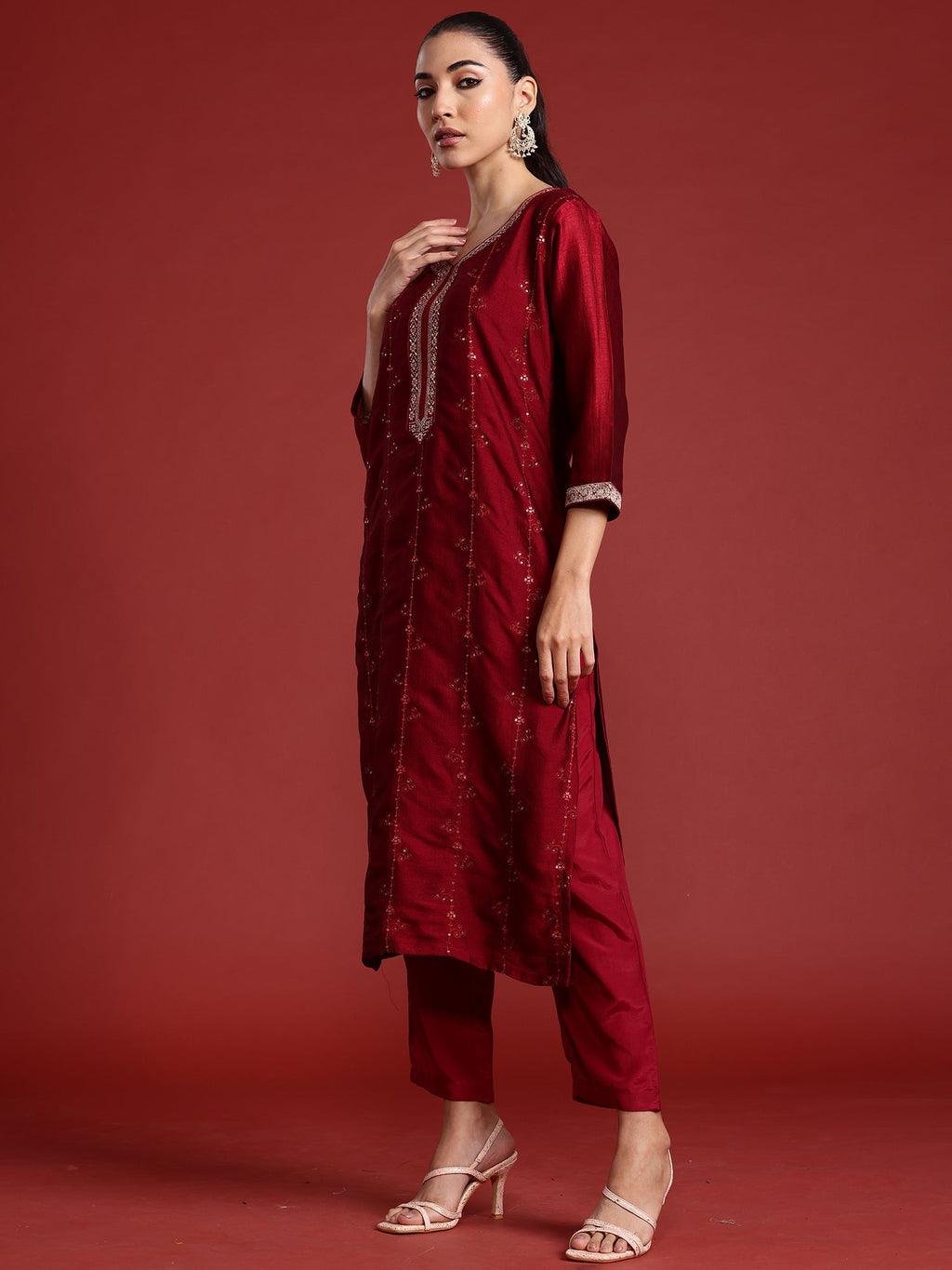 Indo Era Maroon Embroidered Straight Kurta Trousers With Dupatta set | Grocsy