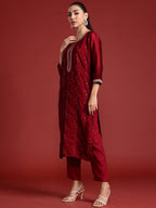 Indo Era Maroon Embroidered Straight Kurta Trousers With Dupatta set | Grocsy