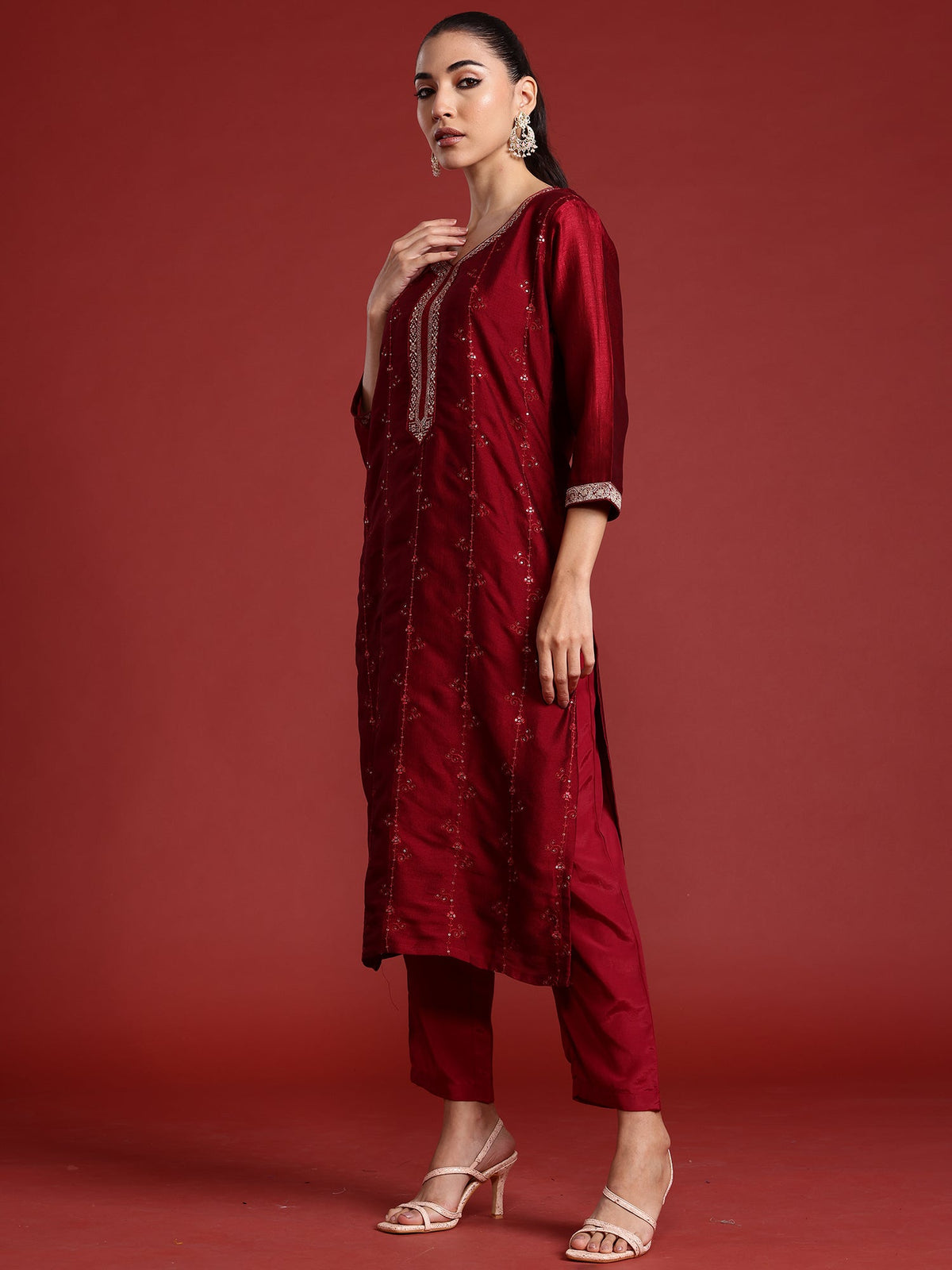 Indo Era Maroon Embroidered Straight Kurta Trousers With Dupatta set | Grocsy